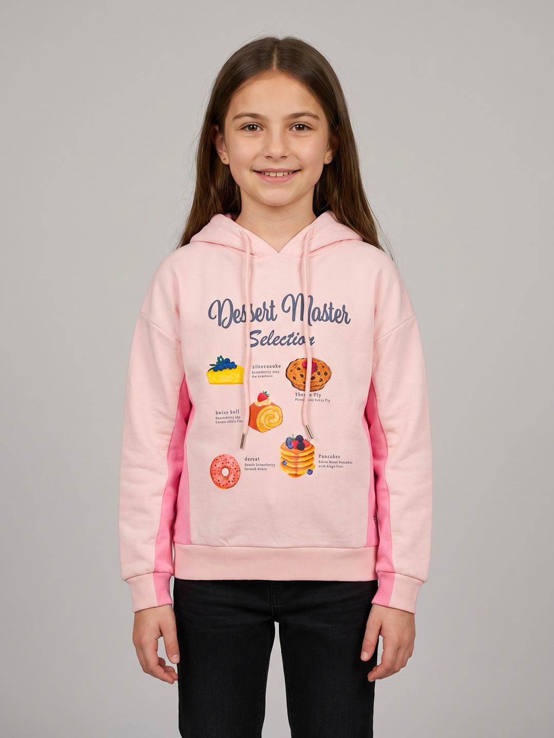 Girls Pink Printed Hooded Full Sleeve Sweatshirt