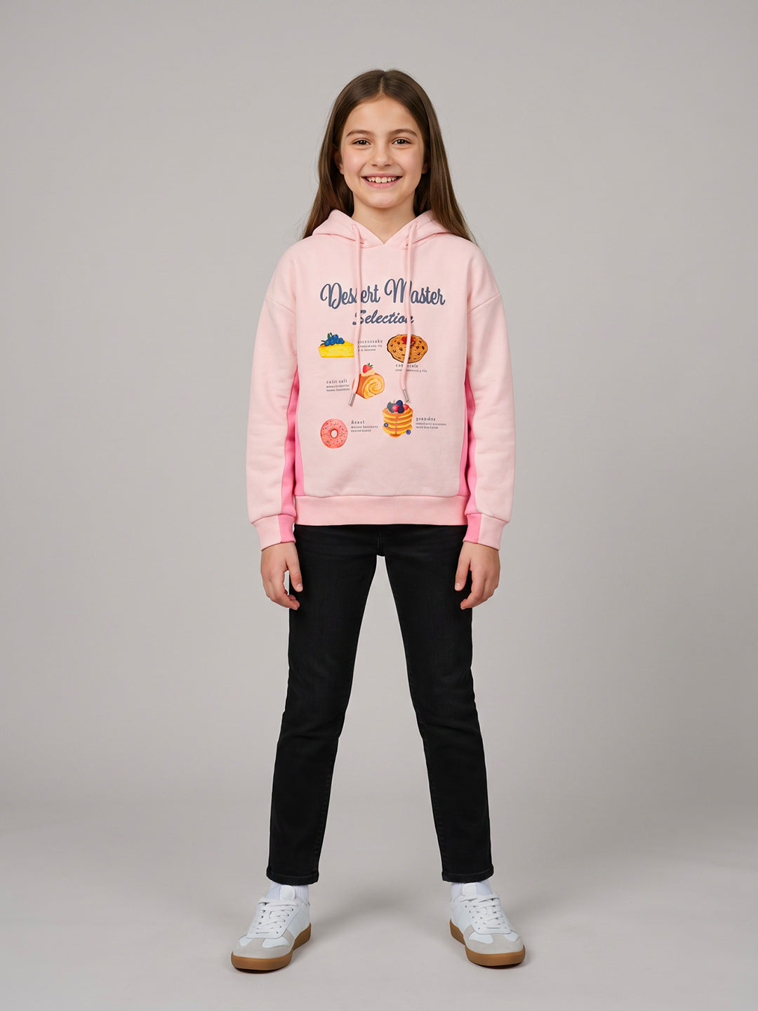 Girls Pink Printed Hooded Full Sleeve Sweatshirt