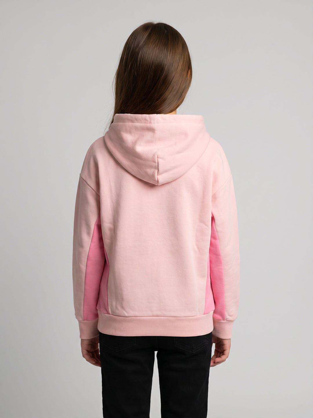 Girls Pink Printed Hooded Full Sleeve Sweatshirt