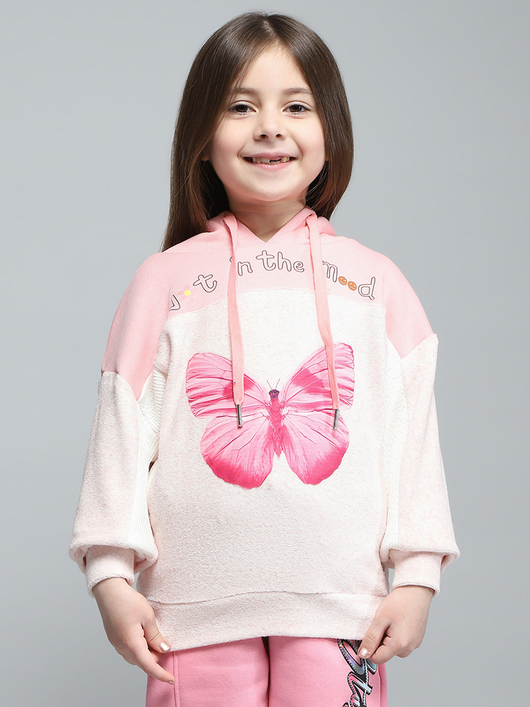 Girls Pink Printed Hooded Full Sleeve Sweatshirt