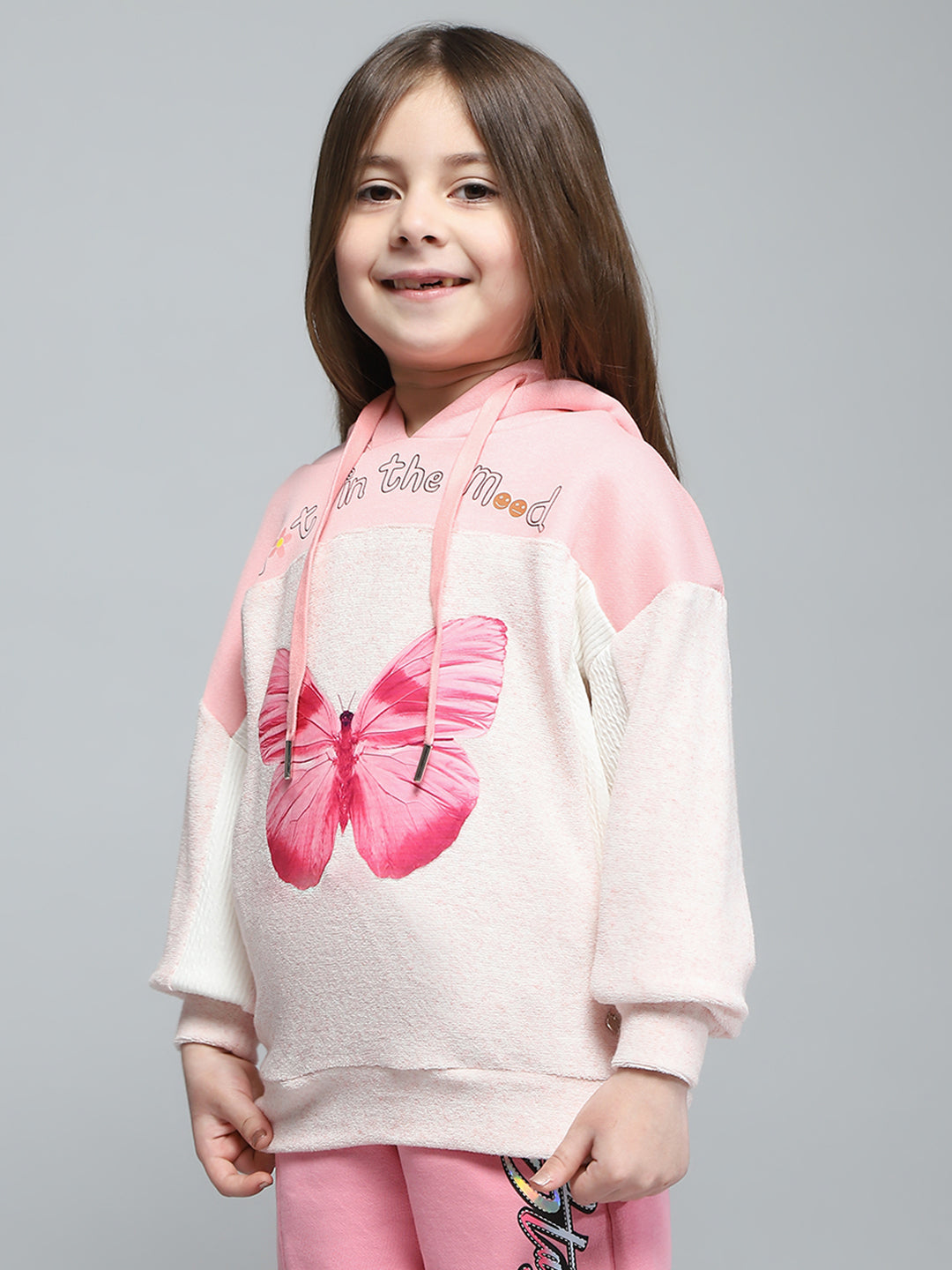 Girls Pink Printed Hooded Full Sleeve Sweatshirt