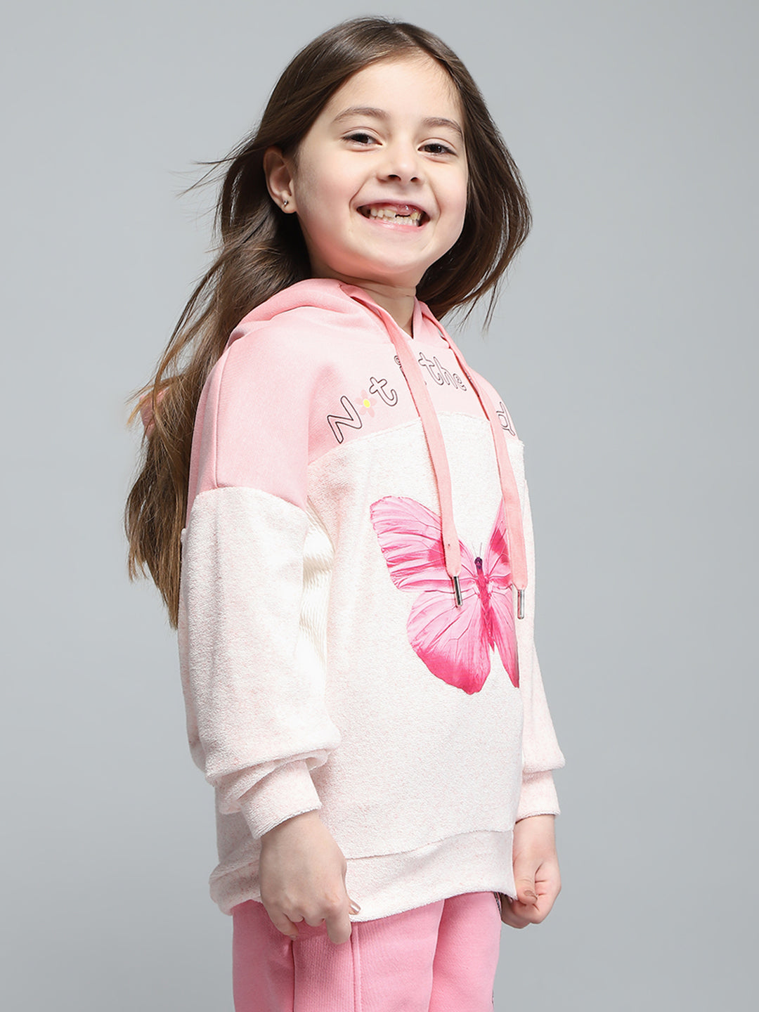 Girls Pink Printed Hooded Full Sleeve Sweatshirt
