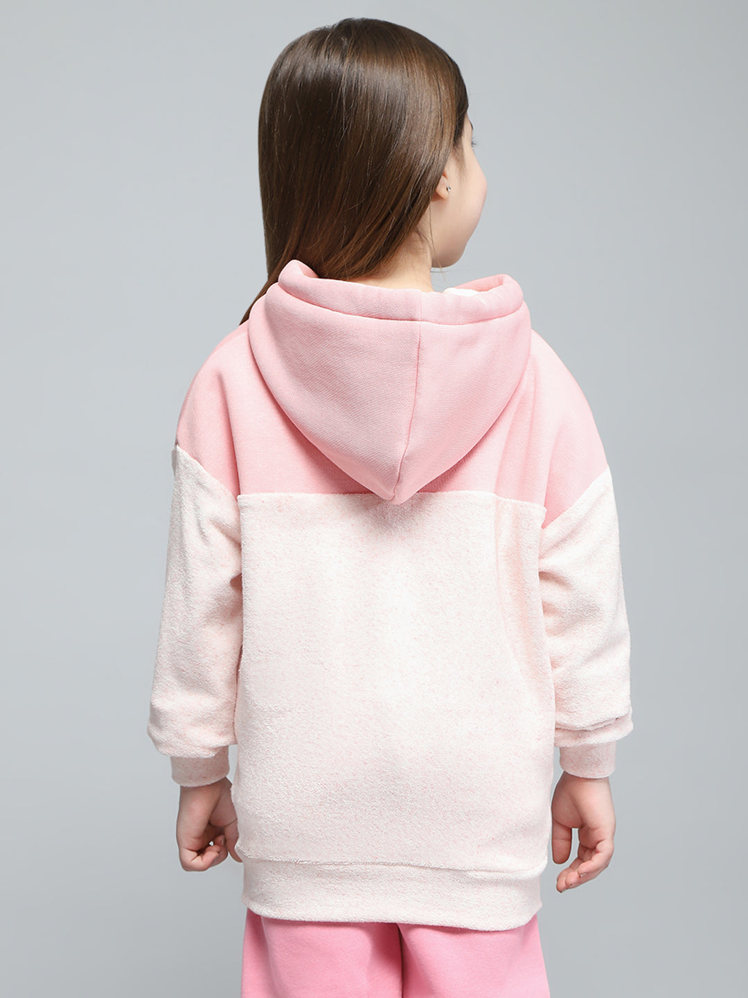 Girls Pink Printed Hooded Full Sleeve Sweatshirt