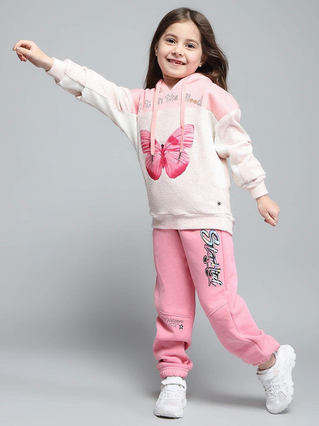 Girls Pink Printed Hooded Full Sleeve Sweatshirt