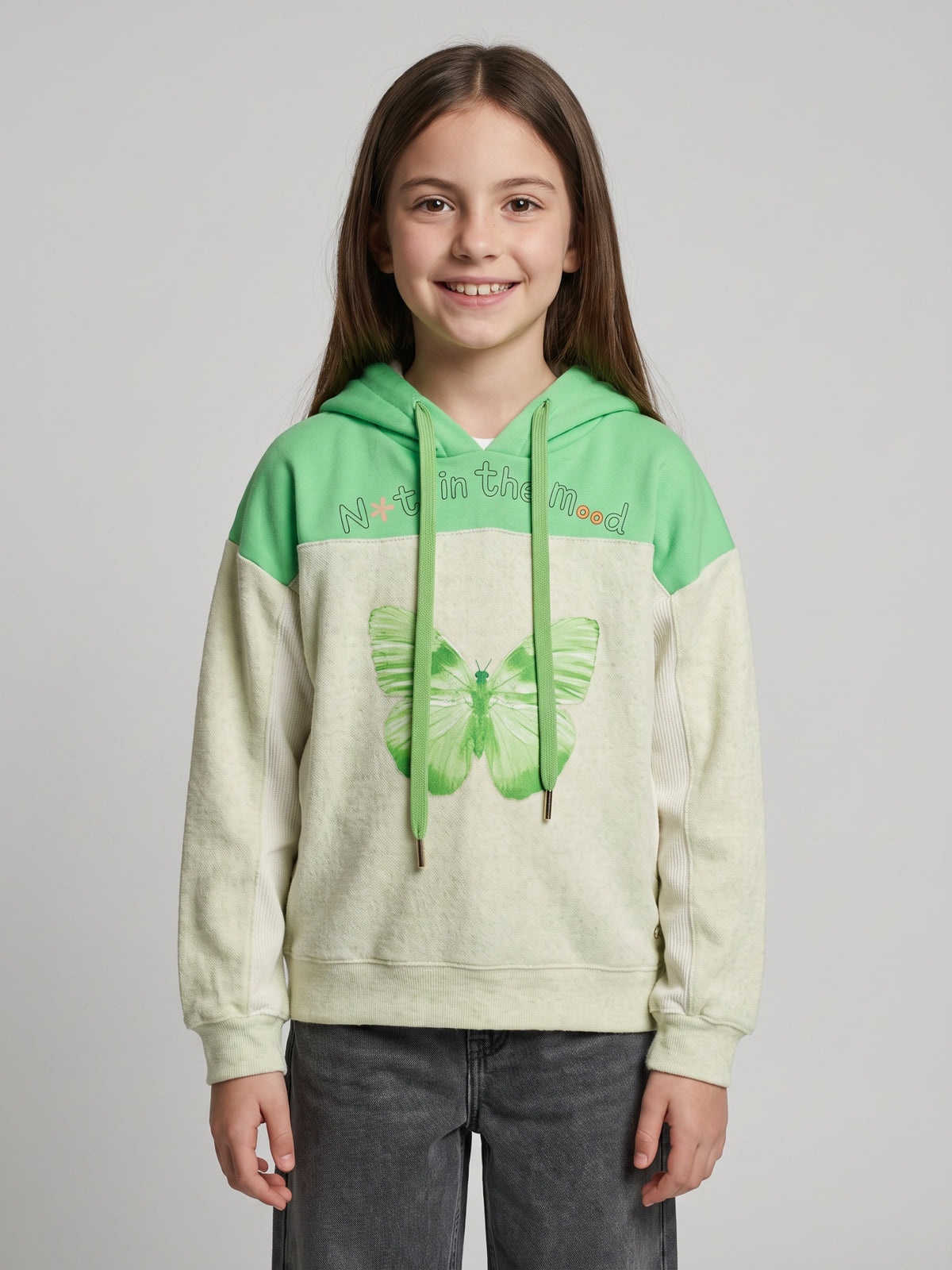 Girls Green Printed Hooded Full Sleeve Sweatshirt