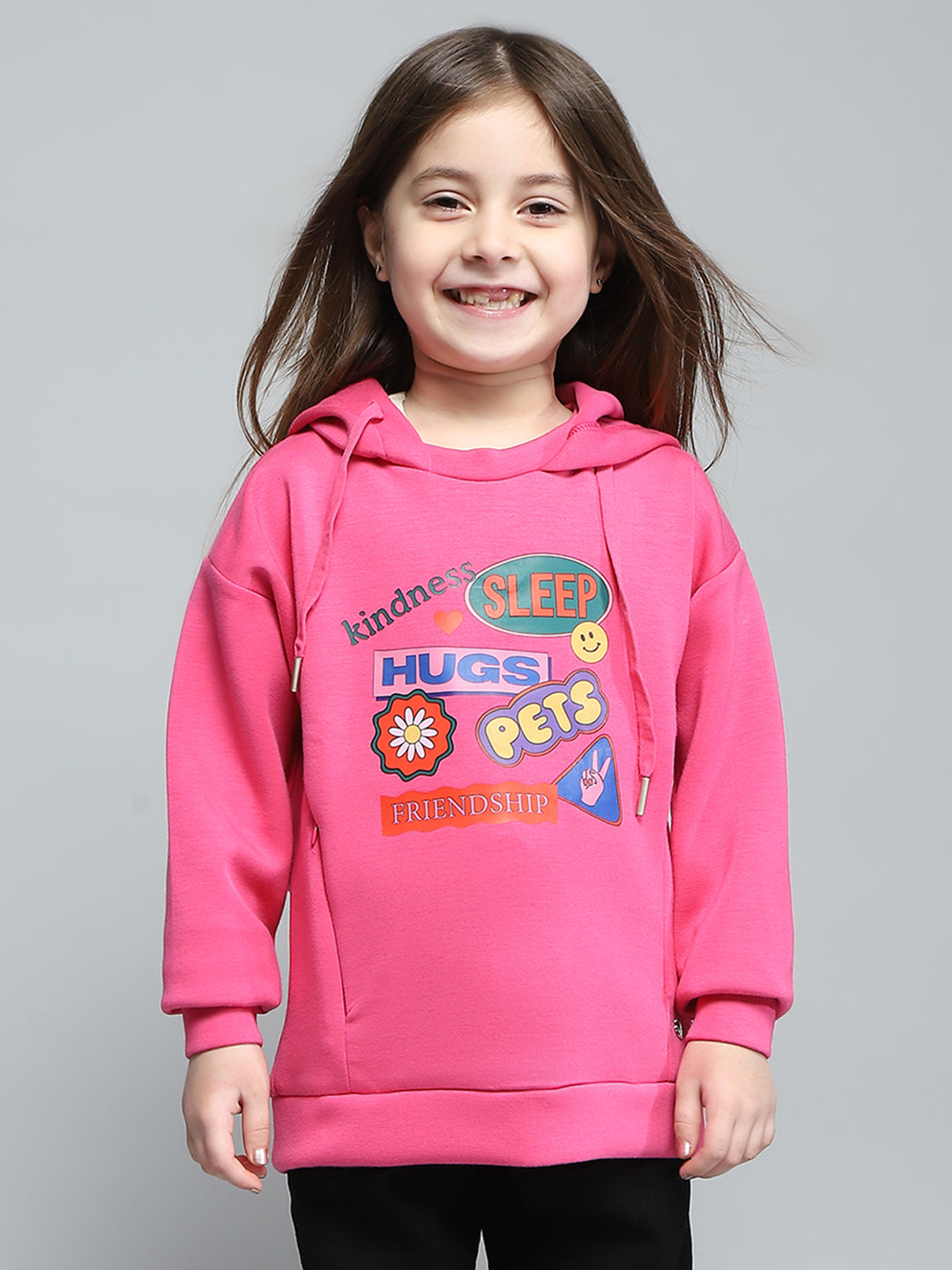 Girls Pink Printed Hooded Full Sleeve Sweatshirt