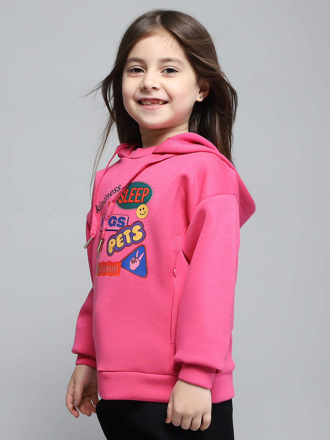 Girls Pink Printed Hooded Full Sleeve Sweatshirt