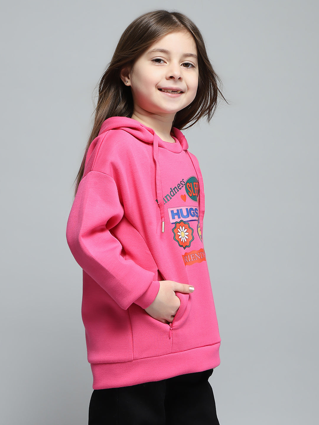 Girls Pink Printed Hooded Full Sleeve Sweatshirt