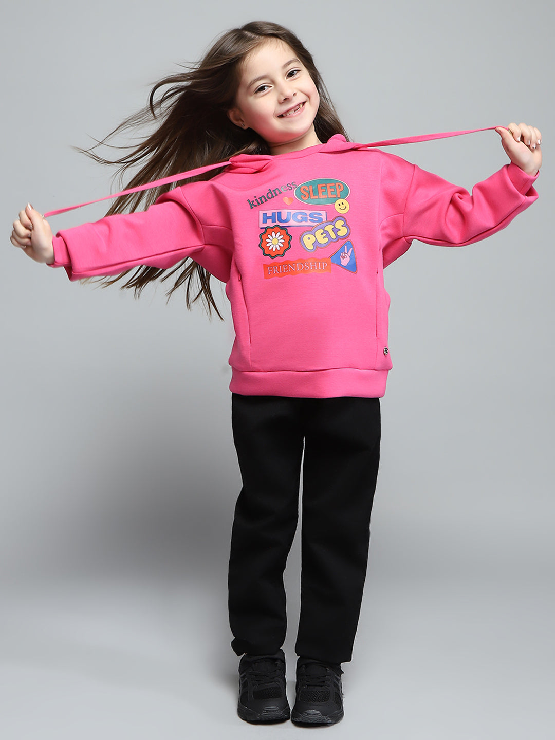 Girls Pink Printed Hooded Full Sleeve Sweatshirt