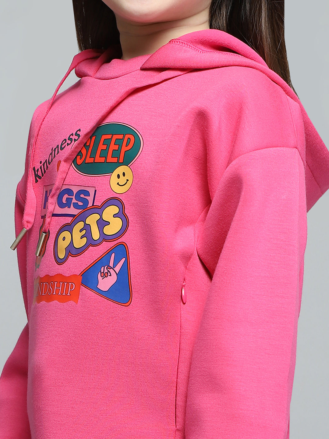 Girls Pink Printed Hooded Full Sleeve Sweatshirt