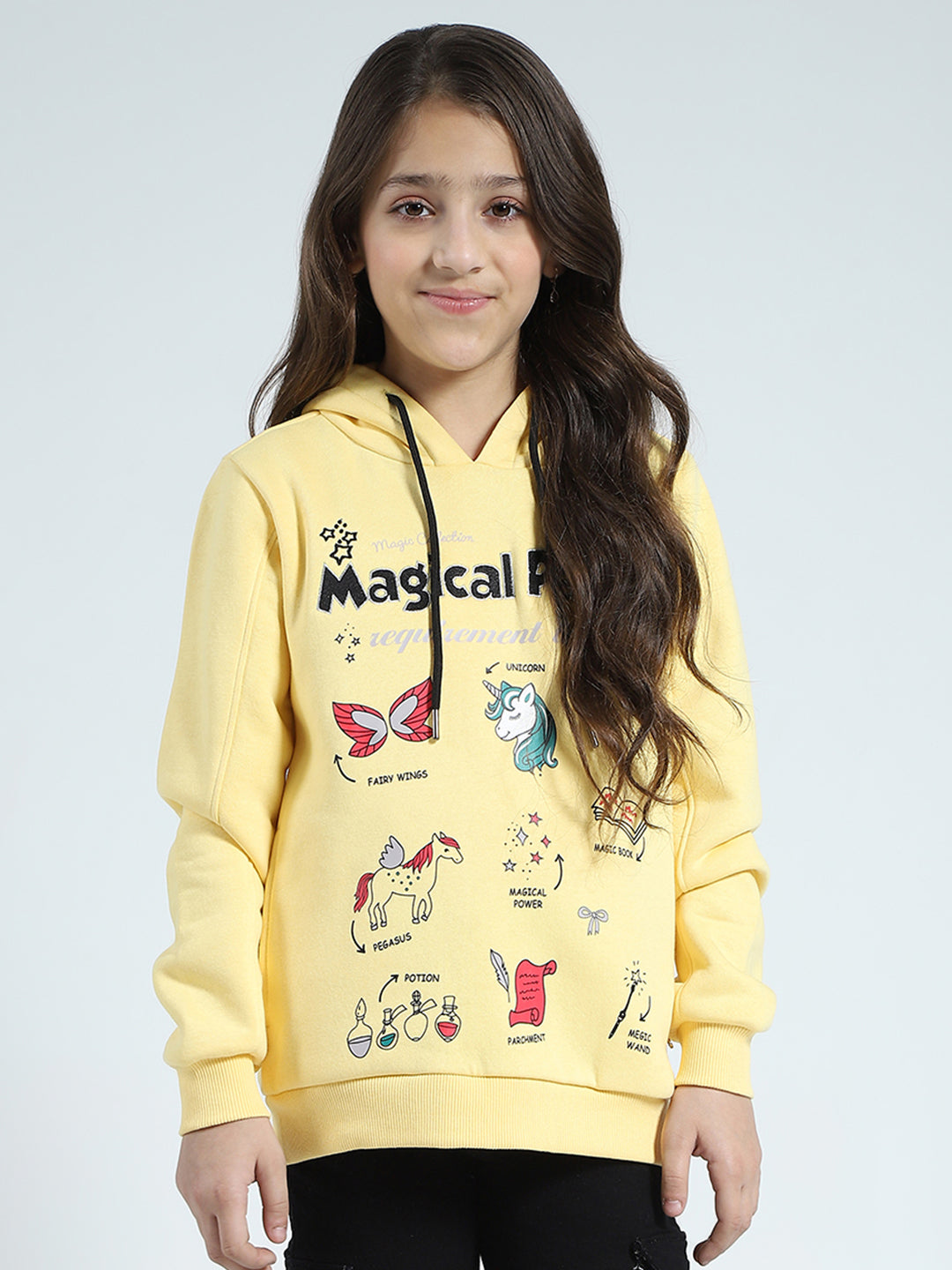 Girls Yellow Printed Hooded Full Sleeve Sweatshirt