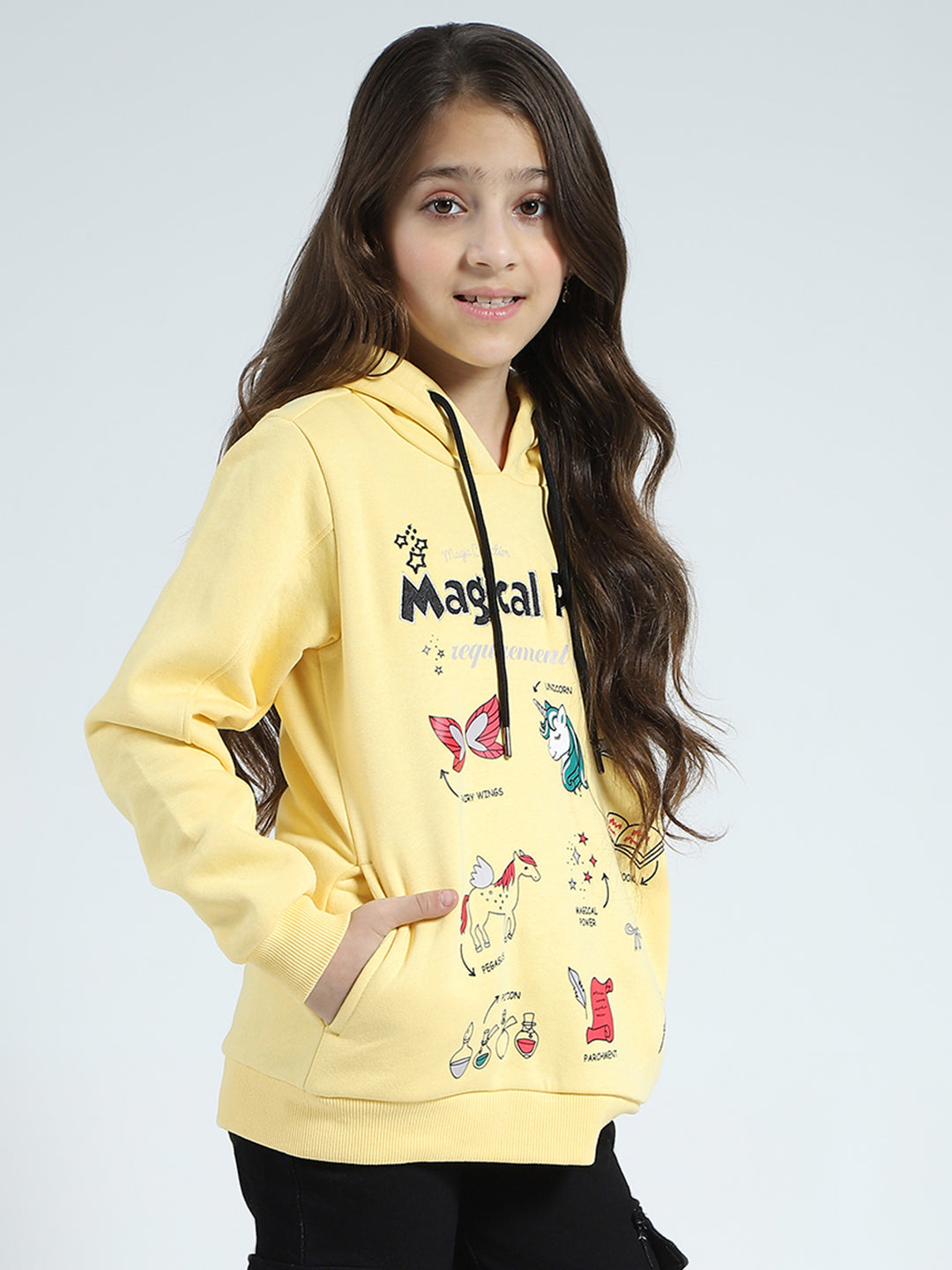 Girls Yellow Printed Hooded Full Sleeve Sweatshirt
