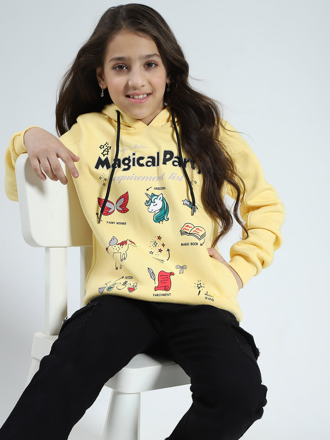 Girls Yellow Printed Hooded Full Sleeve Sweatshirt