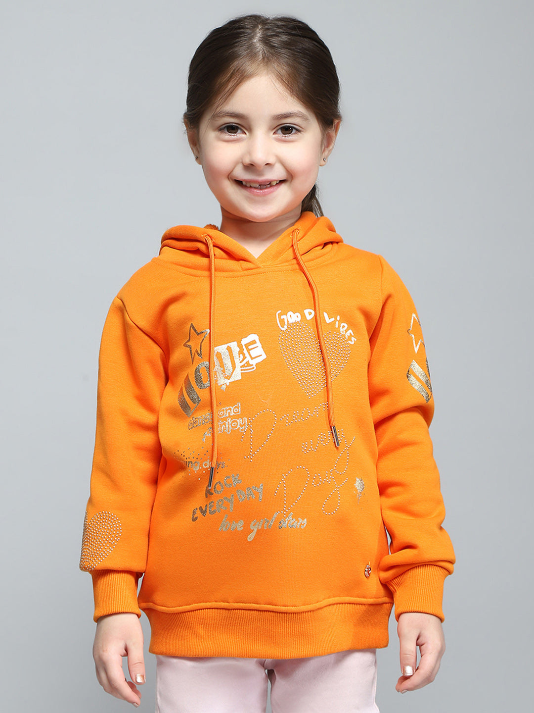 Girls Orange Printed Hooded Full Sleeve Sweatshirt