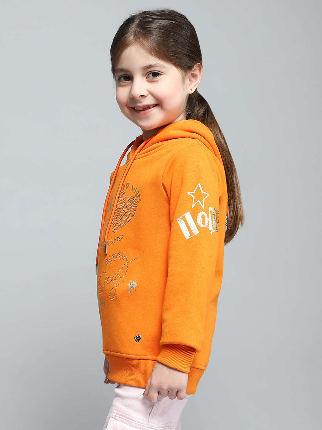 Girls Orange Printed Hooded Full Sleeve Sweatshirt