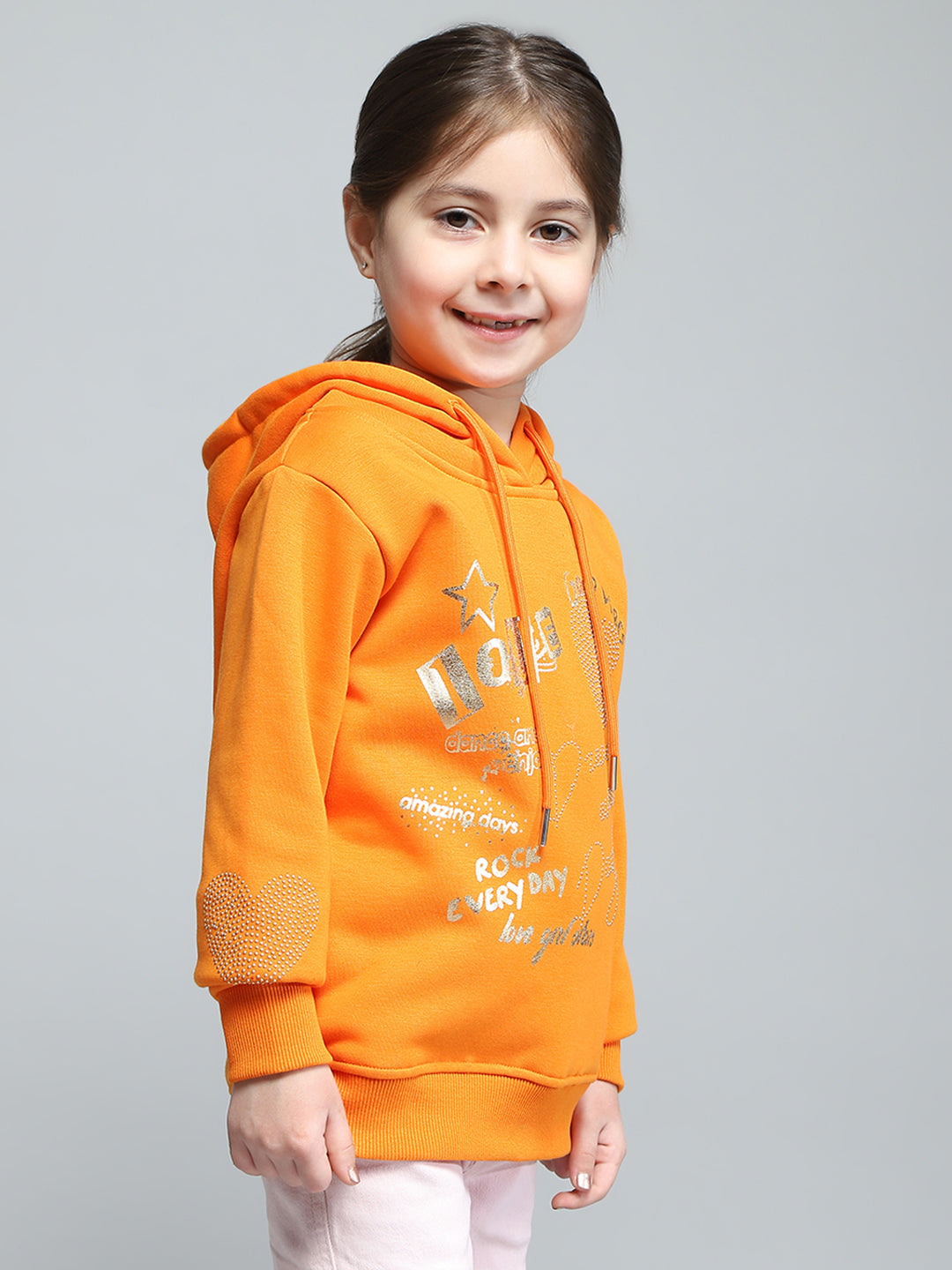 Girls Orange Printed Hooded Full Sleeve Sweatshirt