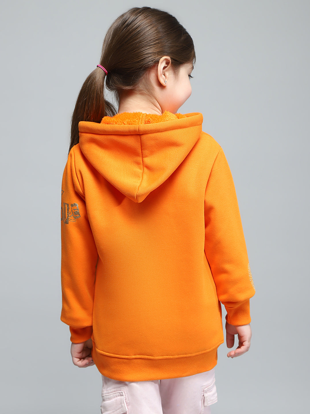Girls Orange Printed Hooded Full Sleeve Sweatshirt