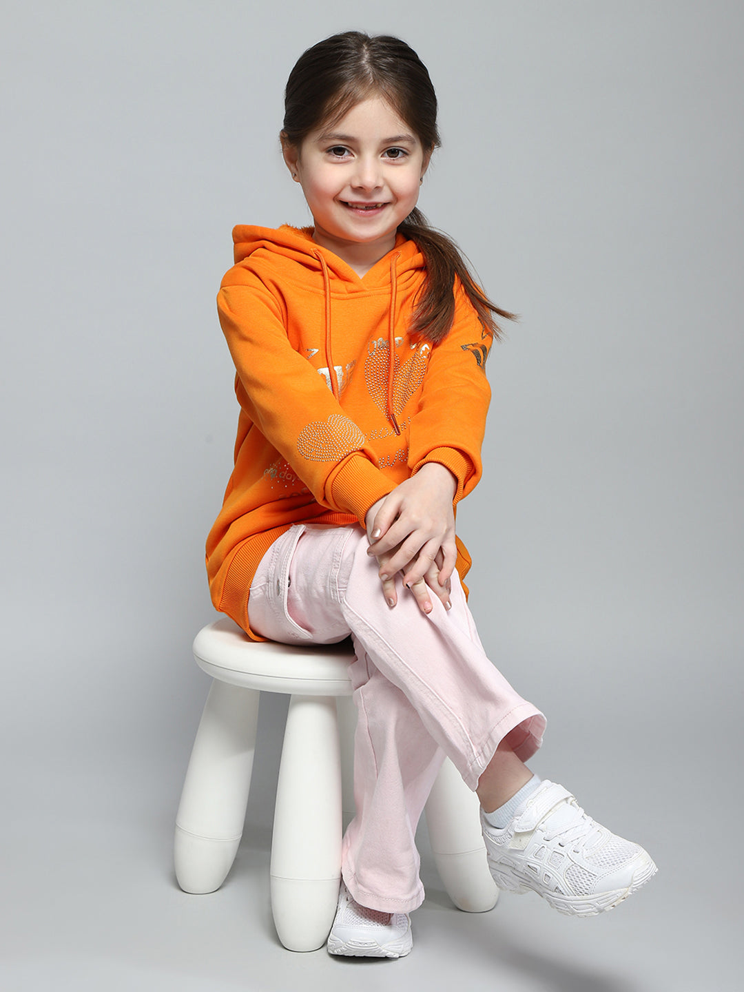 Girls Orange Printed Hooded Full Sleeve Sweatshirt