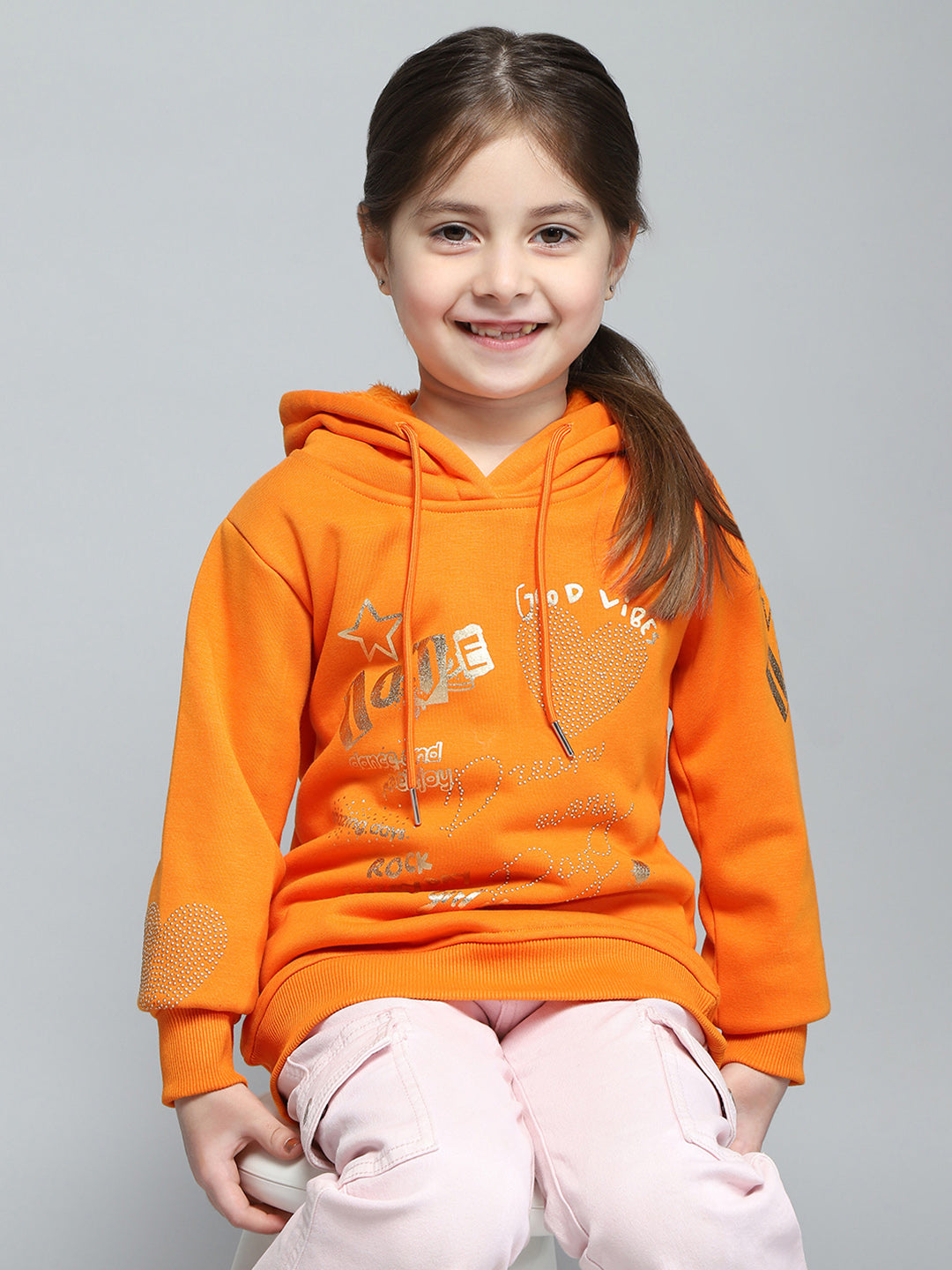 Girls Orange Printed Hooded Full Sleeve Sweatshirt
