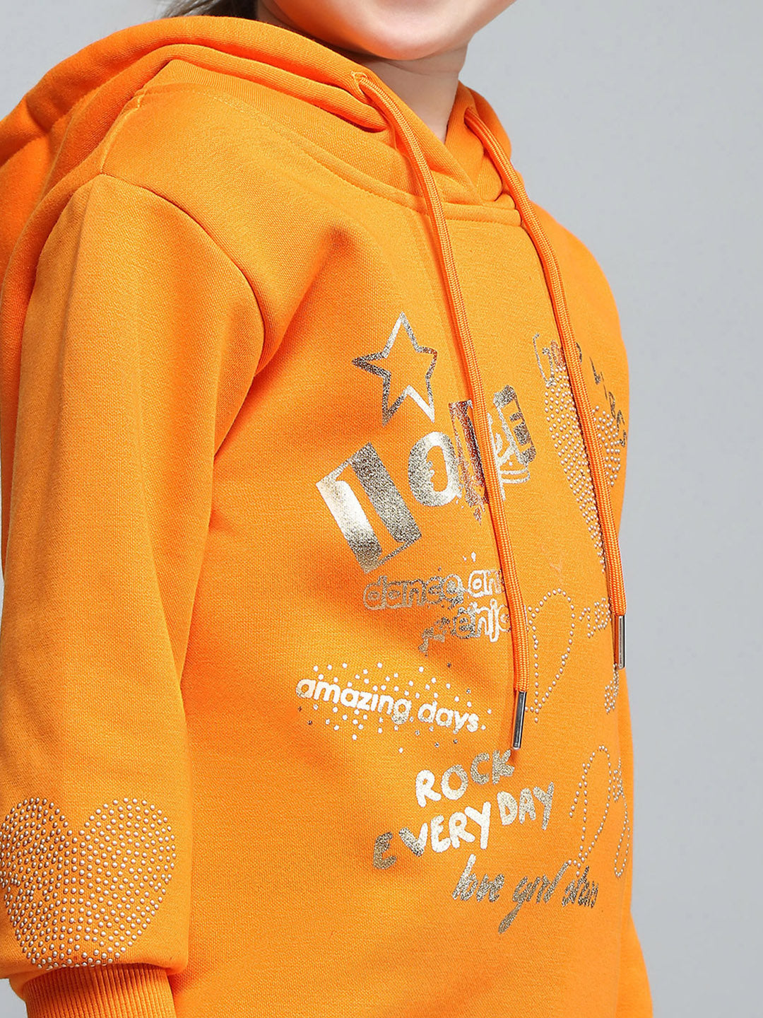 Girls Orange Printed Hooded Full Sleeve Sweatshirt
