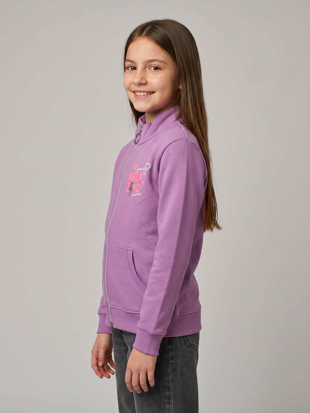 Girls Purple Printed Turtle Neck Full Sleeve Sweatshirt
