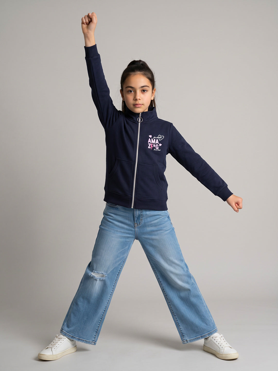 Girls Navy Blue Printed Turtle Neck Full Sleeve Sweatshirt