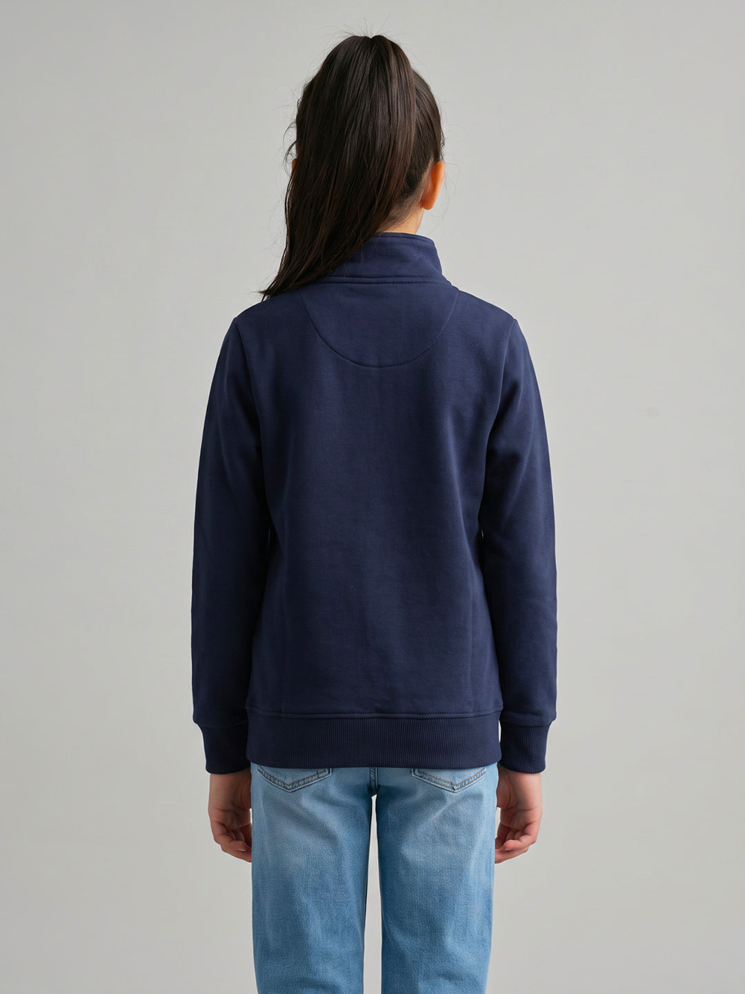 Girls Navy Blue Printed Turtle Neck Full Sleeve Sweatshirt