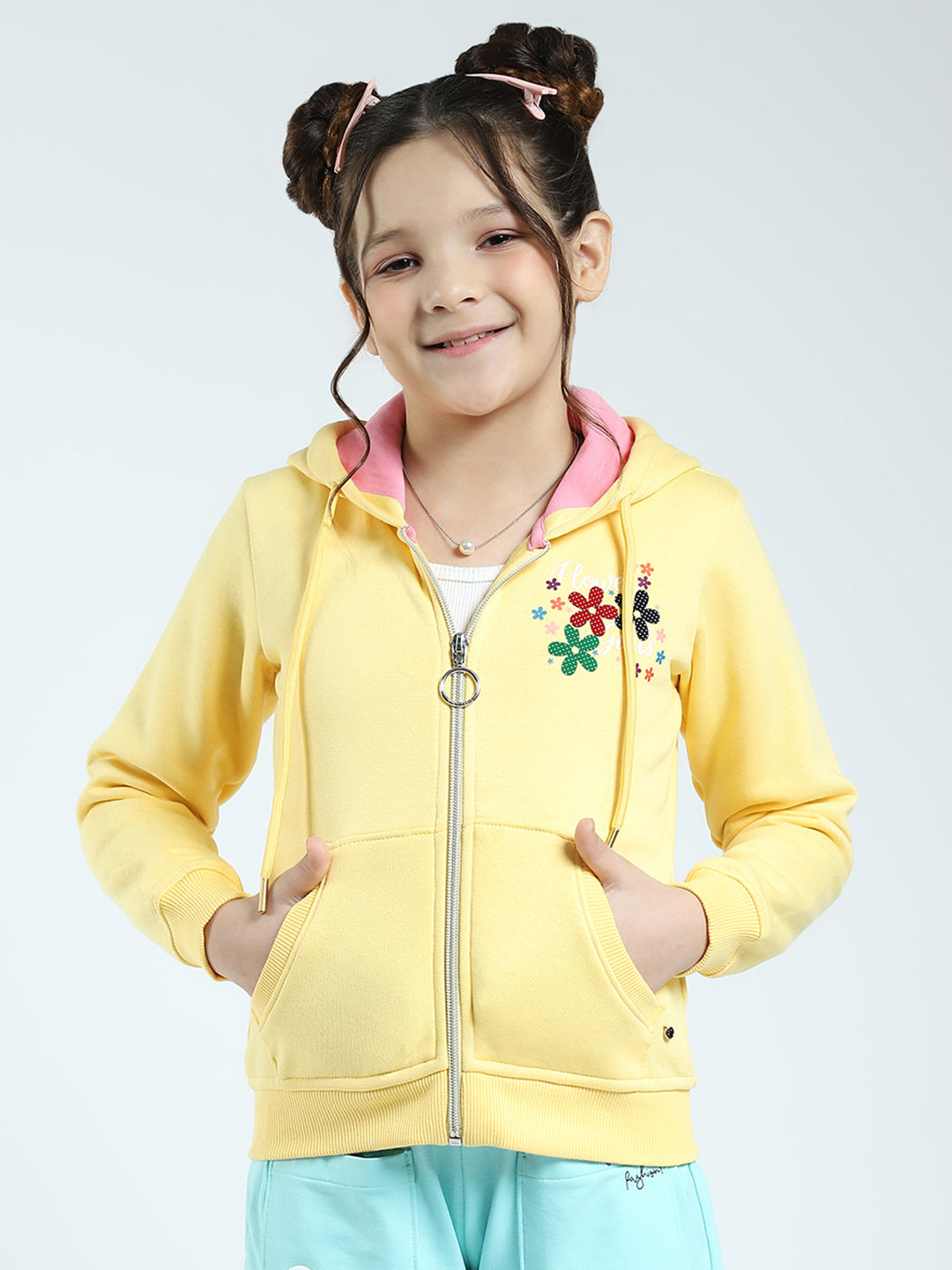 Girls Yellow Printed Hooded Full Sleeve Sweatshirt