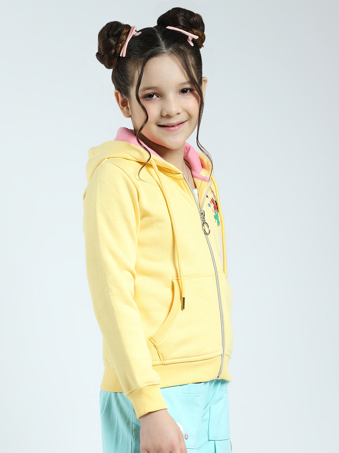 Girls Yellow Printed Hooded Full Sleeve Sweatshirt
