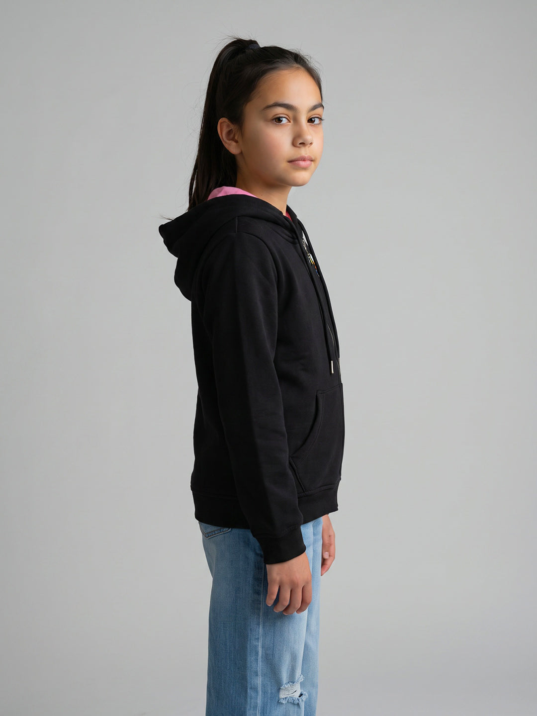 Girls Black Printed Hooded Full Sleeve Sweatshirt