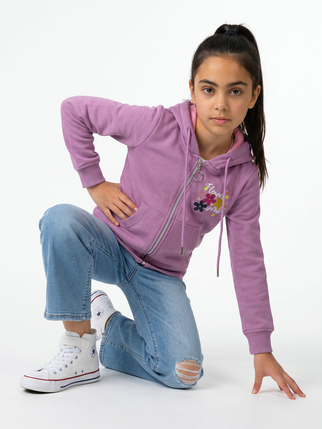 Girls Purple Printed Hooded Full Sleeve Sweatshirt