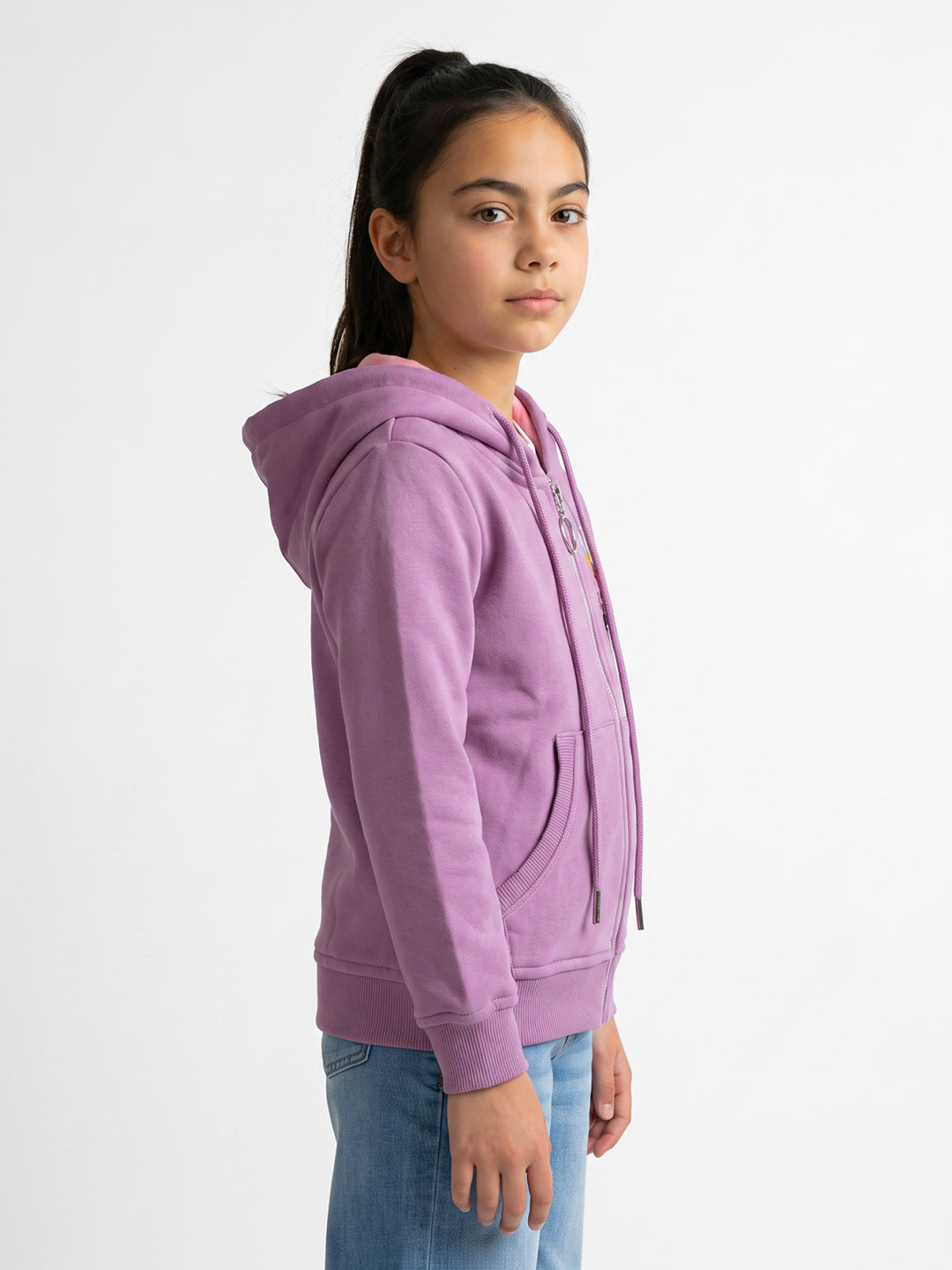 Girls Purple Printed Hooded Full Sleeve Sweatshirt