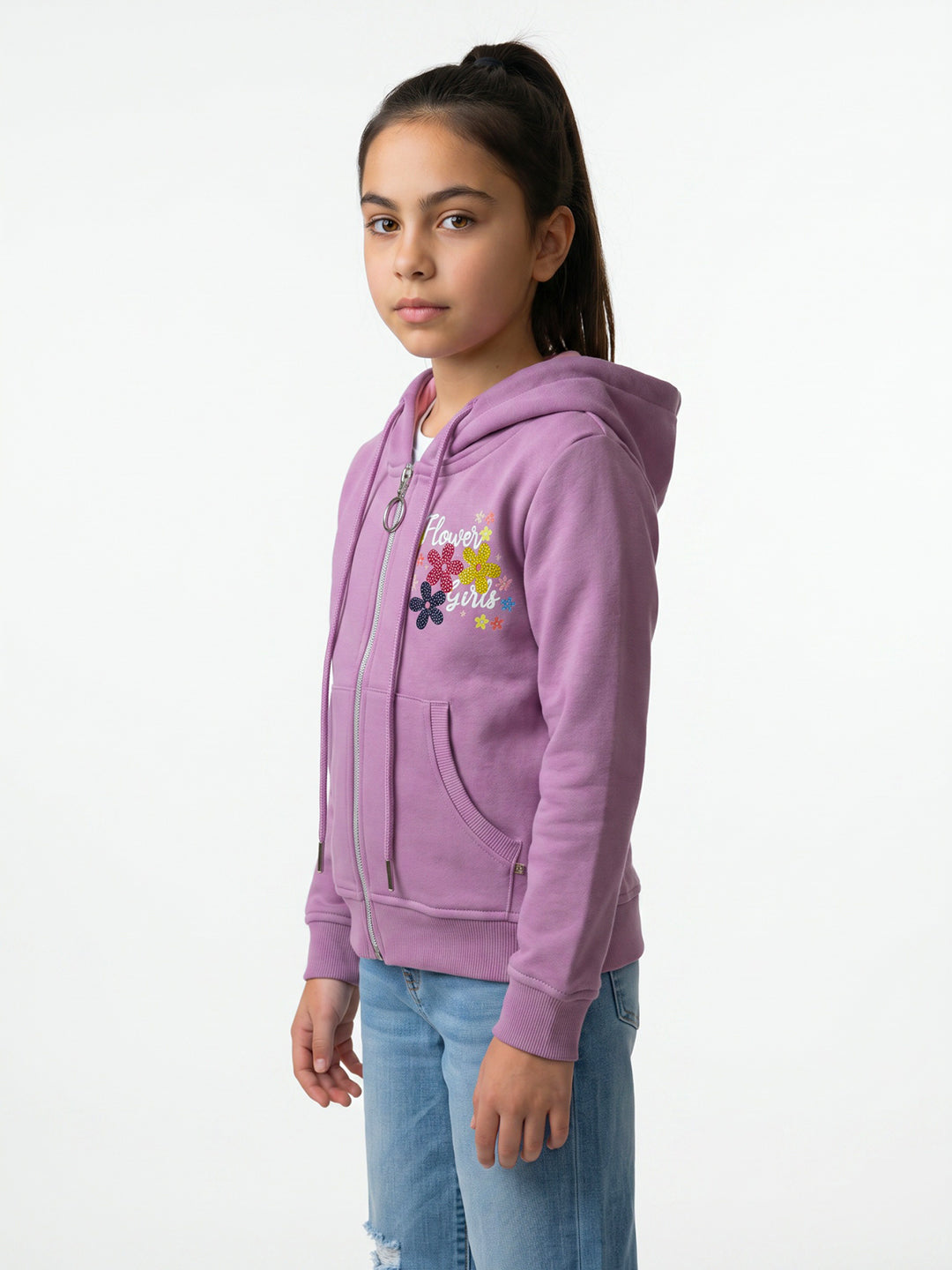 Girls Purple Printed Hooded Full Sleeve Sweatshirt