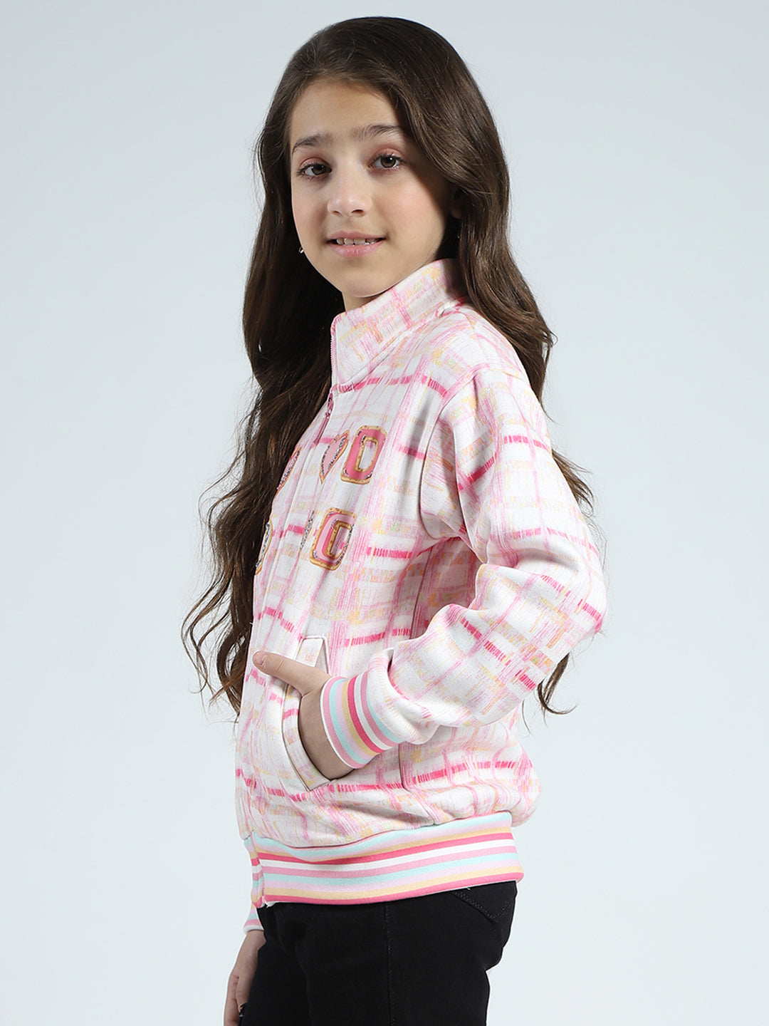 Girls Pink Printed Mock Neck Full Sleeve Sweatshirt