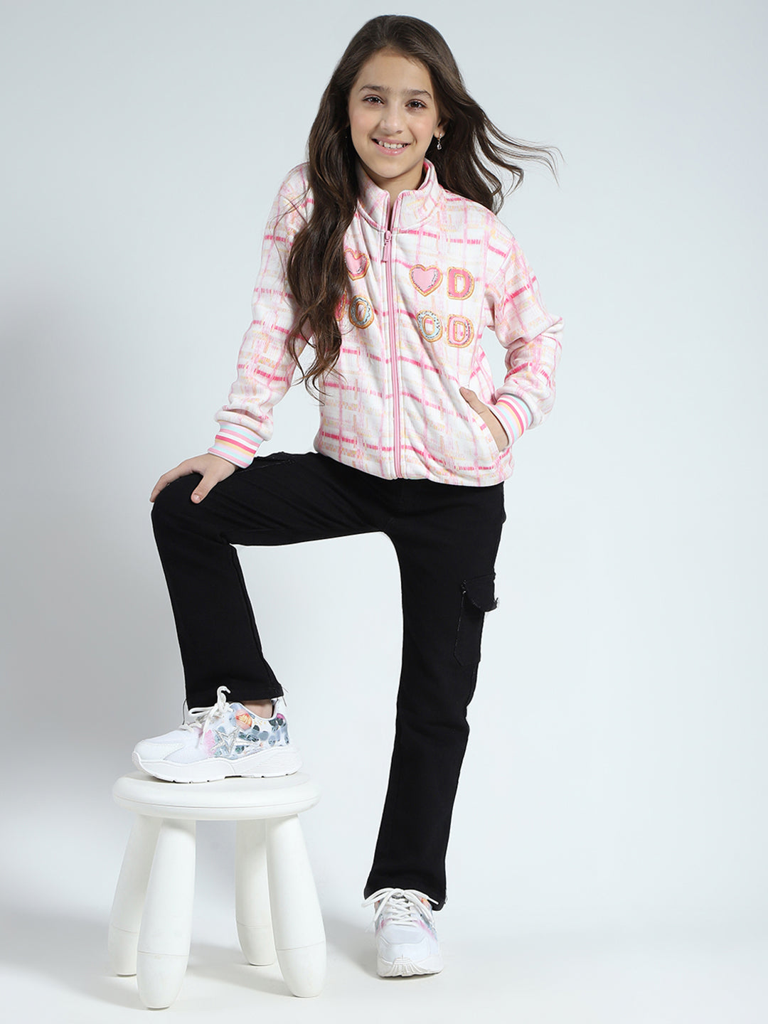 Girls Pink Printed Mock Neck Full Sleeve Sweatshirt