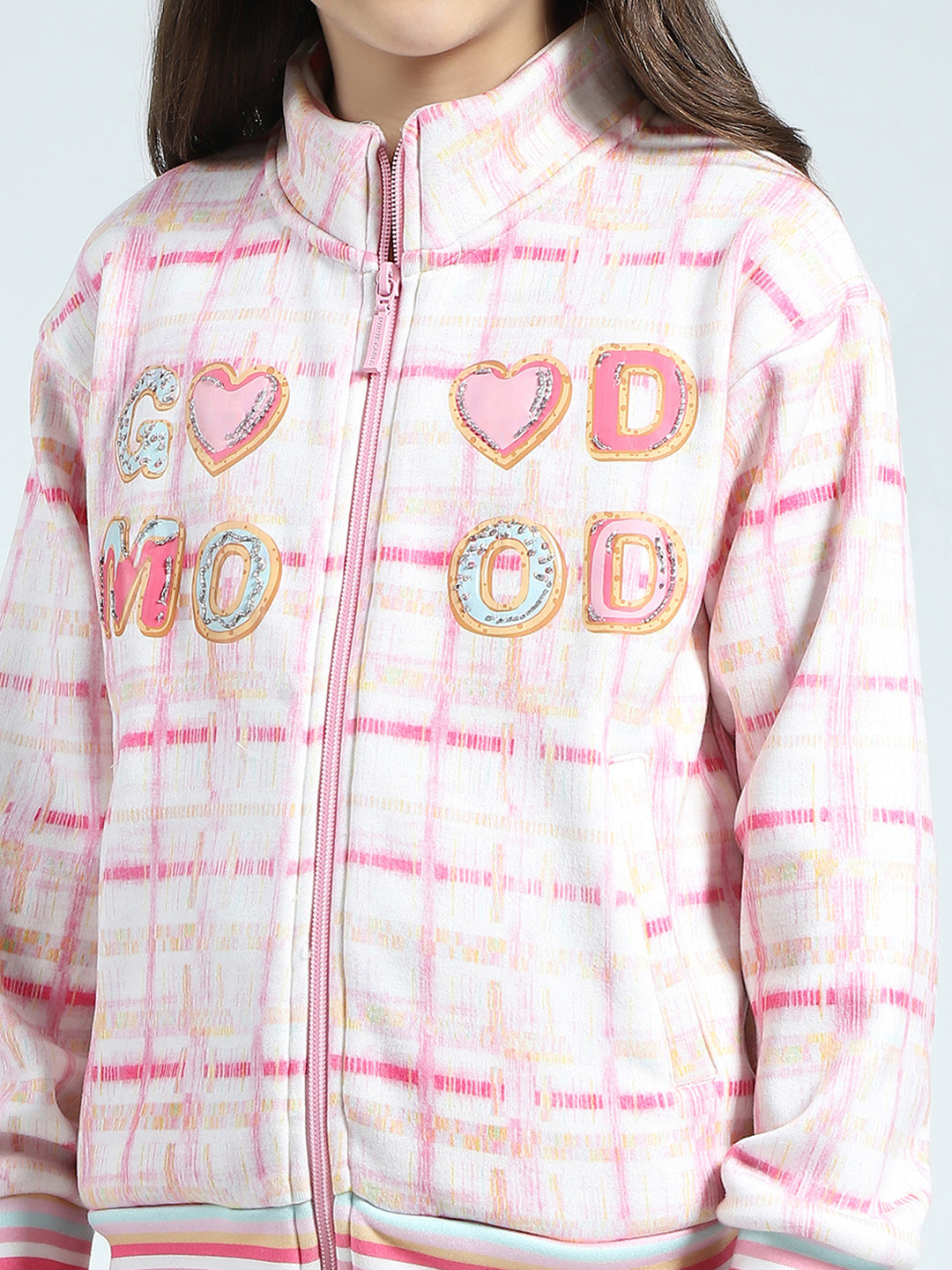 Girls Pink Printed Mock Neck Full Sleeve Sweatshirt