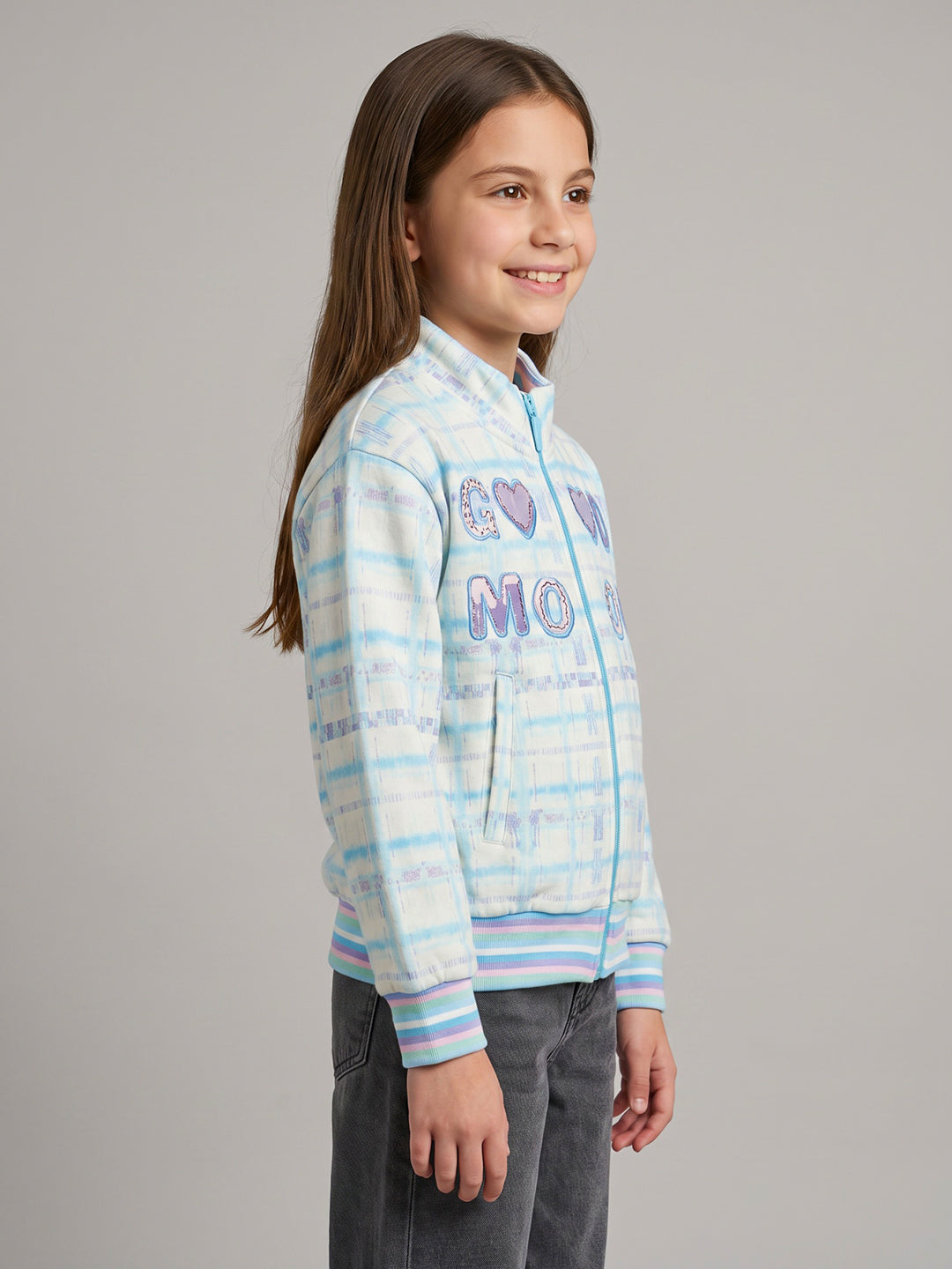 Girls Blue Printed Turtle Neck Full Sleeve Sweatshirt