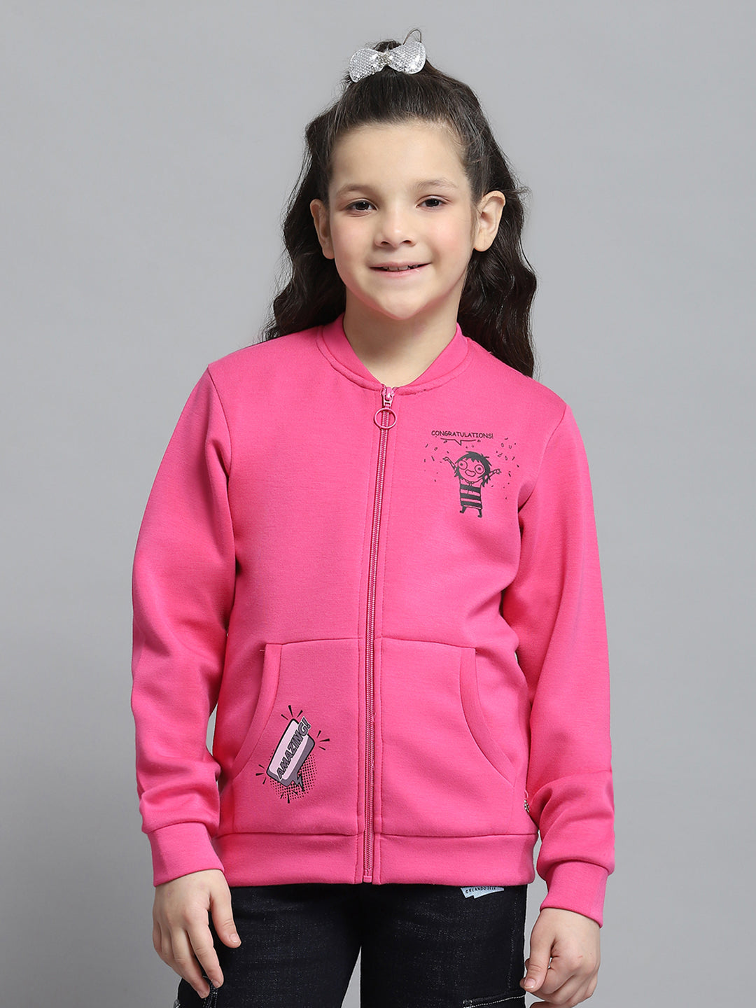 Girls Magenta Printed Round Neck Full Sleeve Sweatshirt