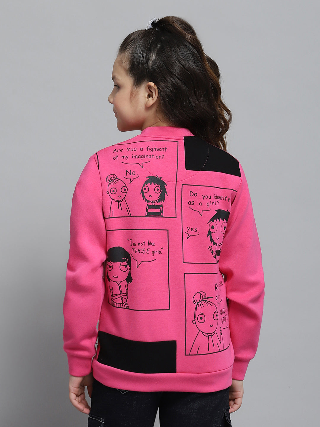Girls Magenta Printed Round Neck Full Sleeve Sweatshirt