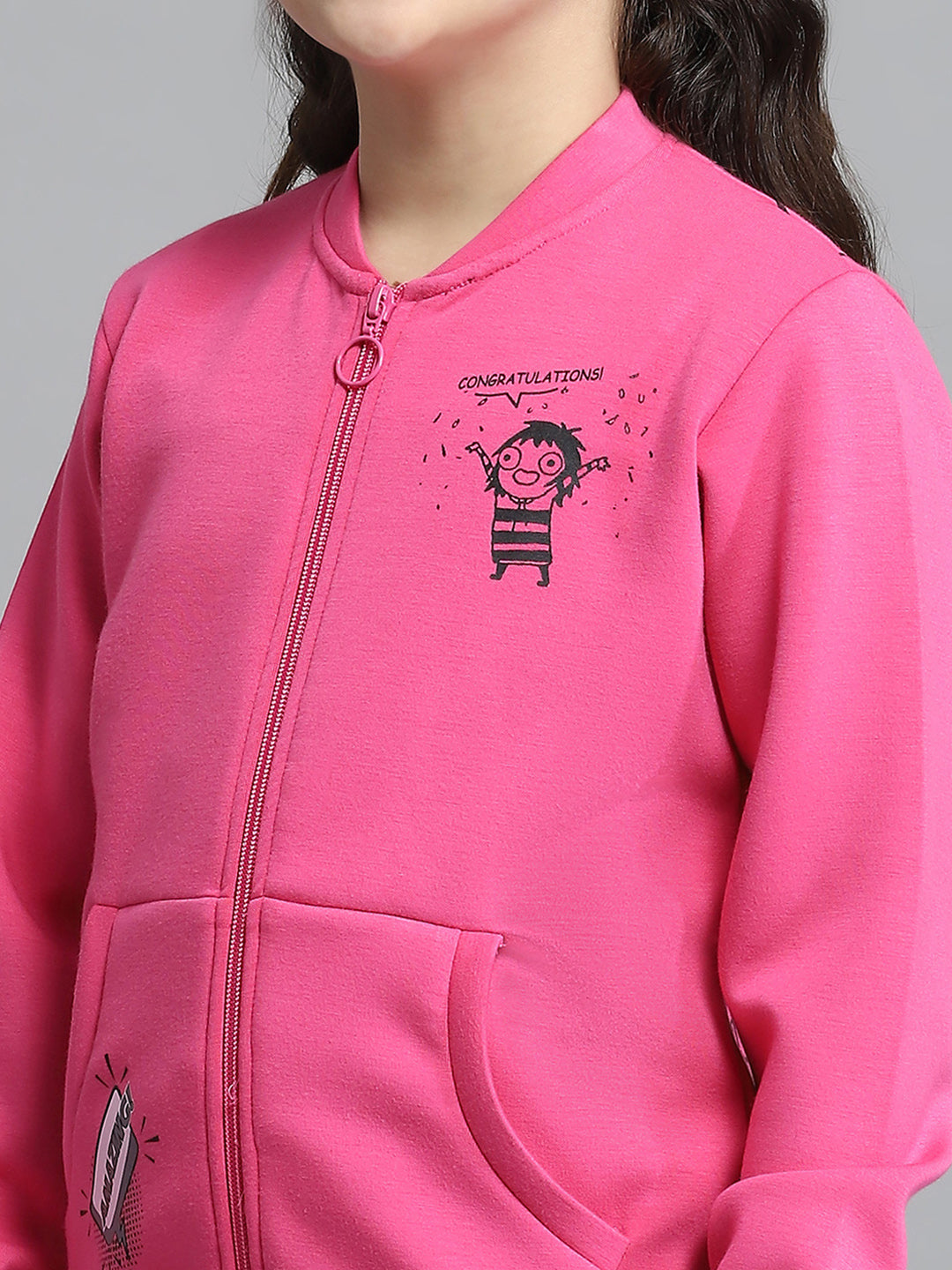 Girls Magenta Printed Round Neck Full Sleeve Sweatshirt