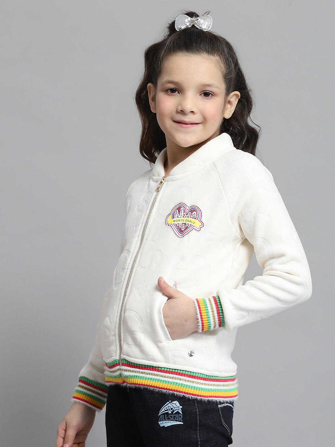 Girls Off White Self Design Round Neck Full Sleeve Sweatshirt