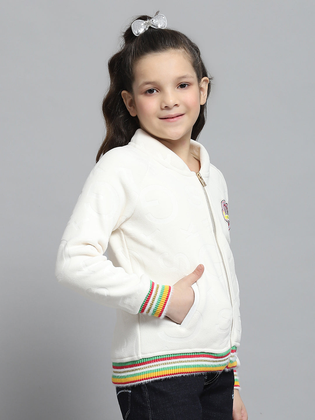 Girls Off White Self Design Round Neck Full Sleeve Sweatshirt