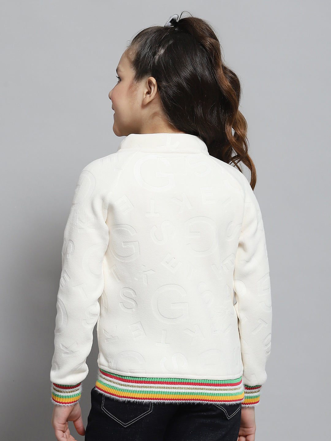 Girls Off White Self Design Round Neck Full Sleeve Sweatshirt