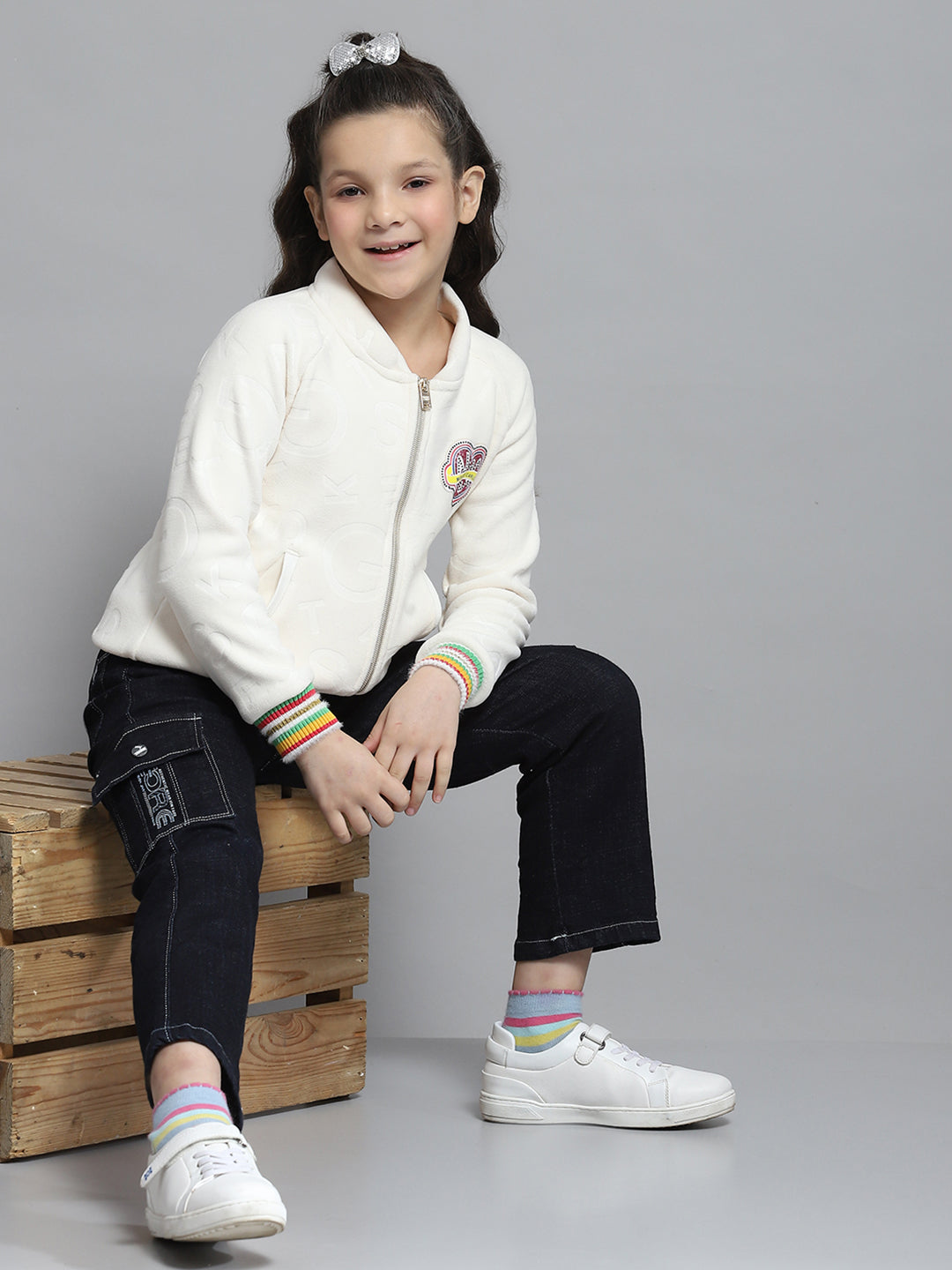 Girls Off White Self Design Round Neck Full Sleeve Sweatshirt