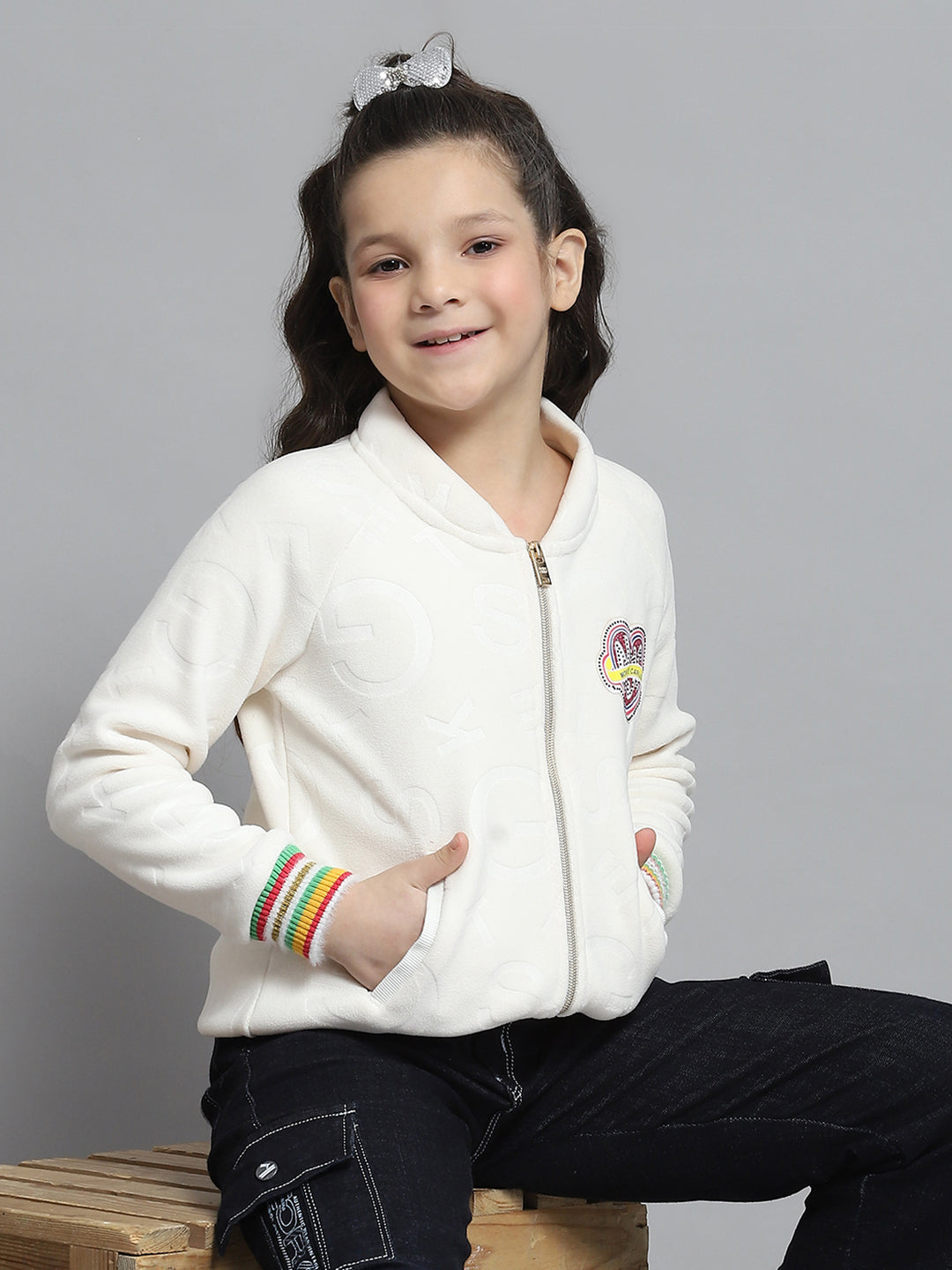 Girls Off White Self Design Round Neck Full Sleeve Sweatshirt