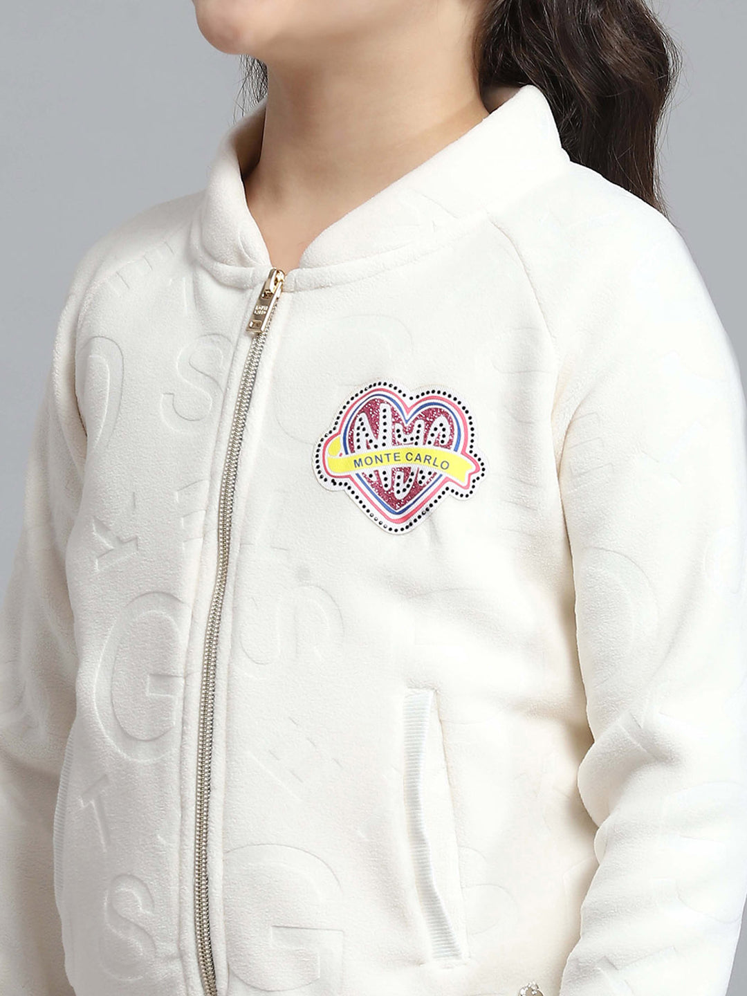 Girls Off White Self Design Round Neck Full Sleeve Sweatshirt