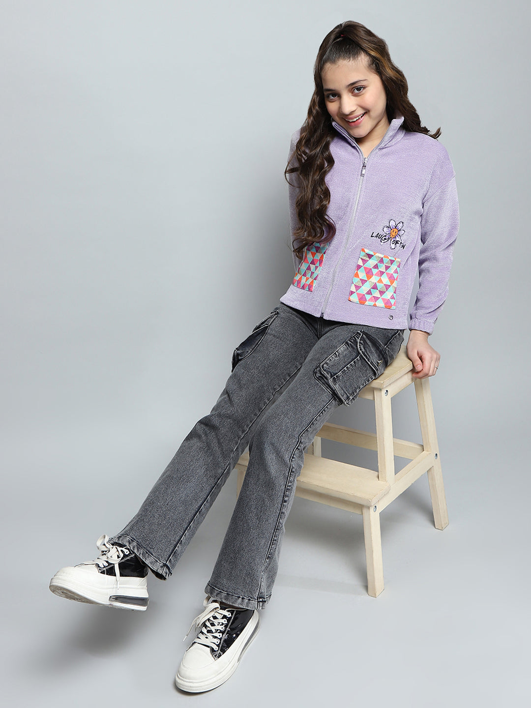 Girls Purple Printed Collar Full Sleeve Sweatshirt
