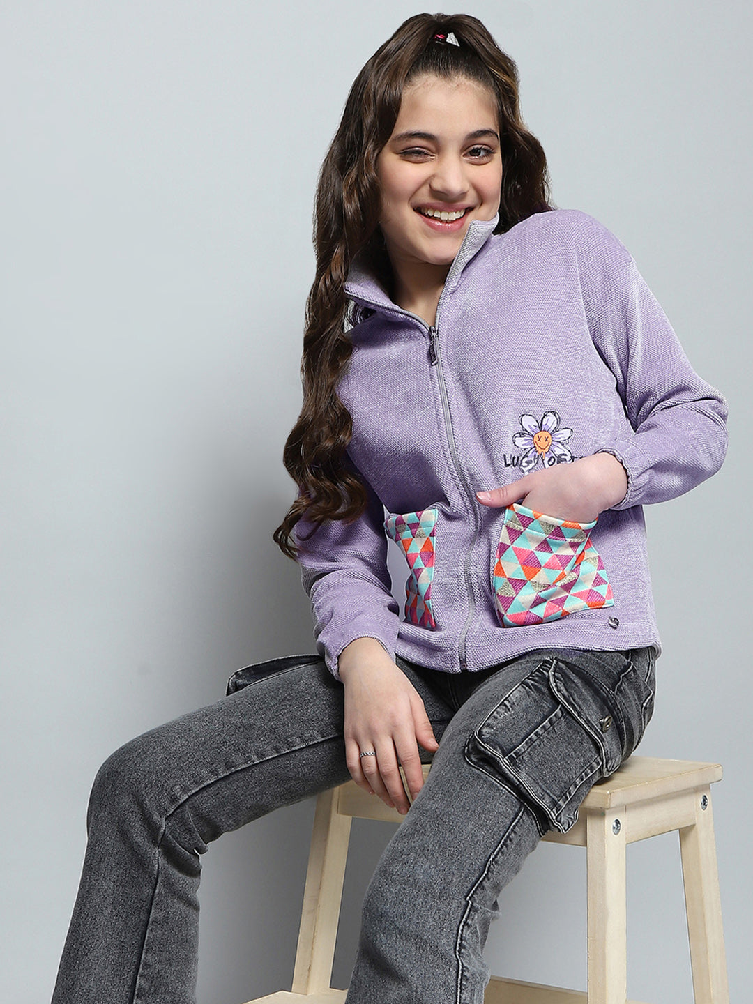 Girls Purple Printed Collar Full Sleeve Sweatshirt