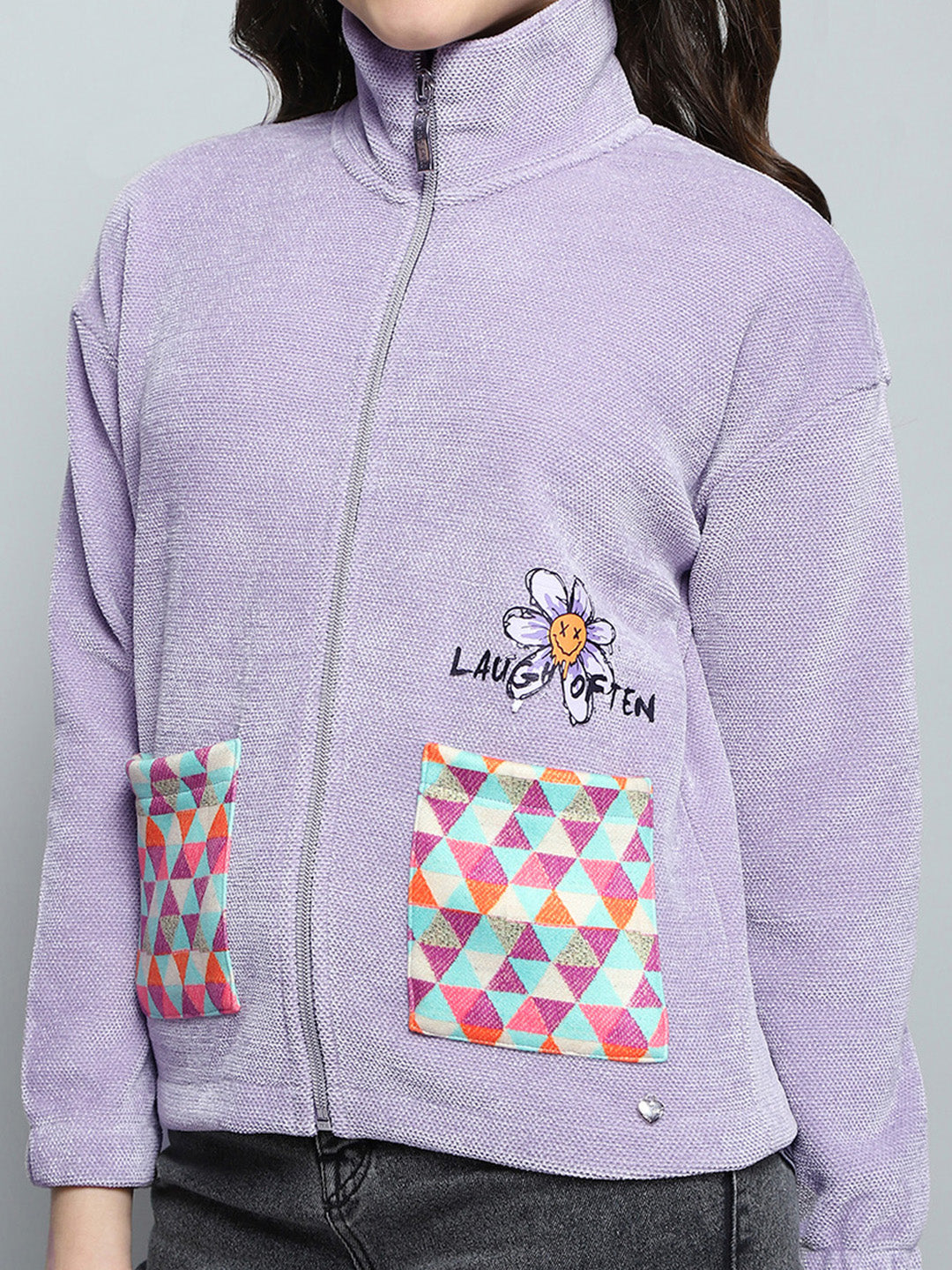 Girls Purple Printed Collar Full Sleeve Sweatshirt