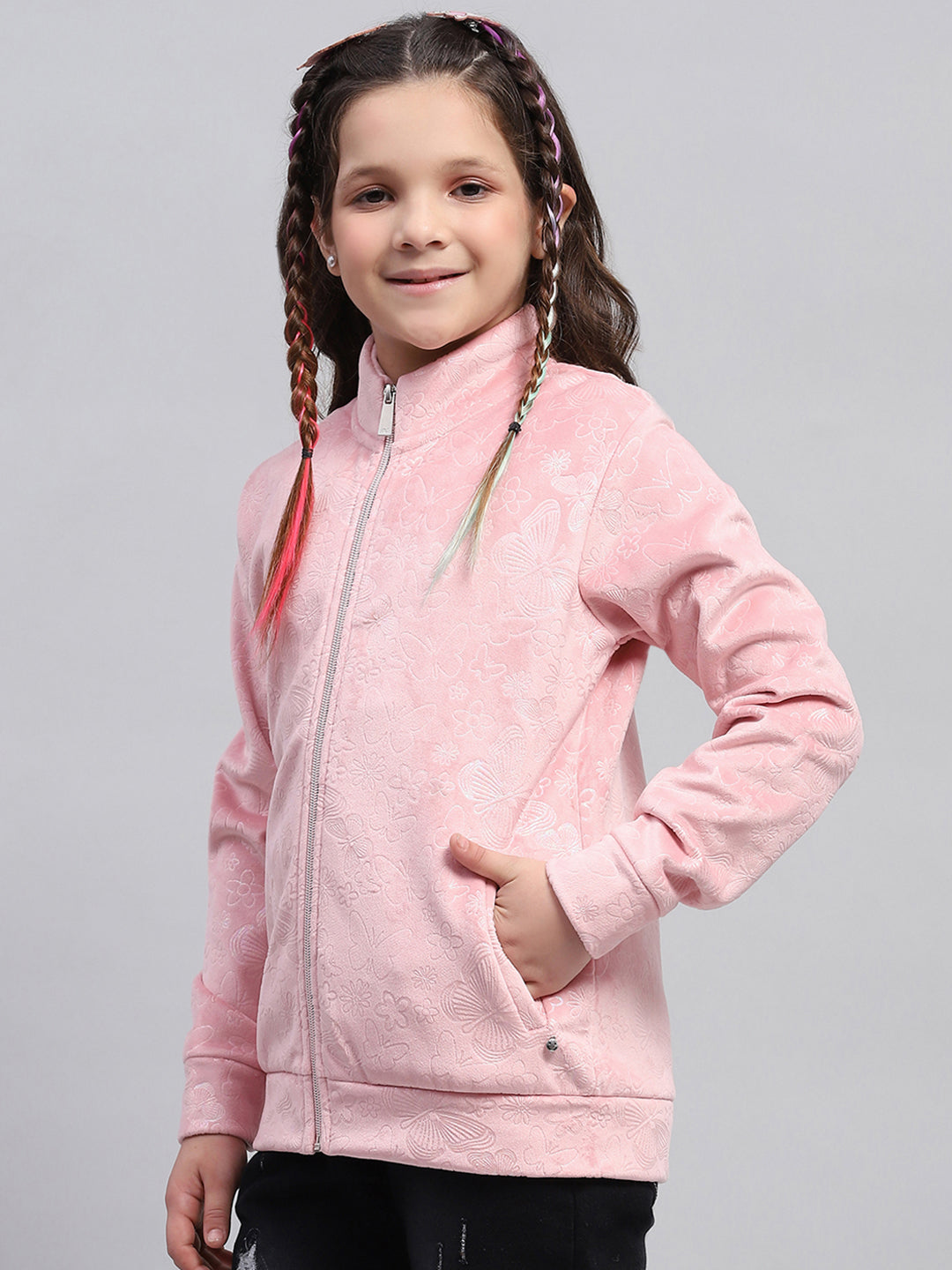 Girls Pink Self Design Mock Neck Full Sleeve Sweatshirt